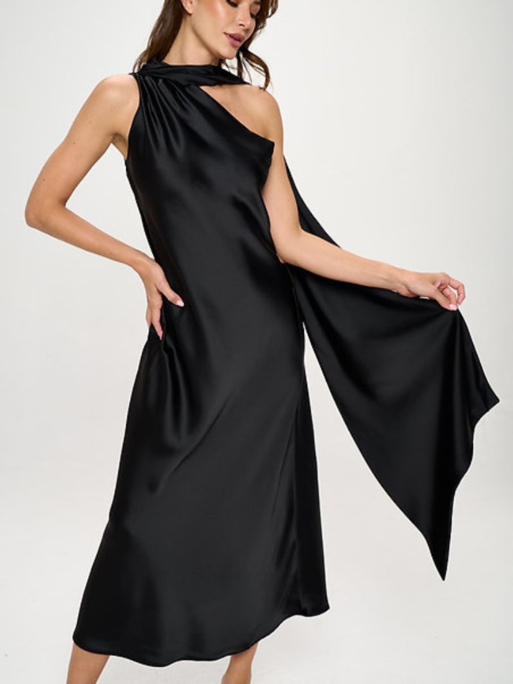 Renee C One Shoulder Satin Maxi Dress with Scarf Detail
